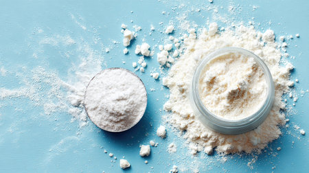 Two glass containers hold white, powdered substances, scattered against a light blue backdrop. The overhead shot showcases the contrasting textures of the materials. The studio lighting emphasizes the fine details of the particles. This image could be suitable for visual content in various commercial contexts.の素材