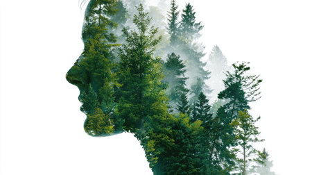 This artwork presents a human profile seamlessly merged with a lush forest scene. The composition uses vibrant green hues against a white backdrop, suggesting a daylight setting. The image's stylistic approach offers opportunities for conceptual and environmental themes, ideal for various commercial projects.の素材