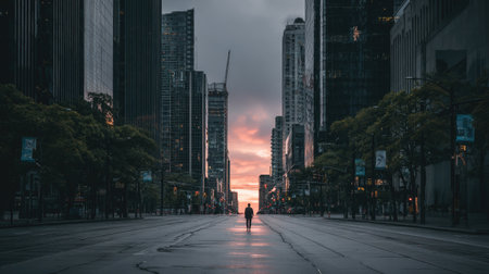 A person walks alone down a long city street, silhouetted against a colorful sky. Tall buildings line the road, creating a sense of depth and perspective. The scene exhibits a moody and cinematic aesthetic with dark tones. This image could be used for various editorial or commercial purposes.の素材