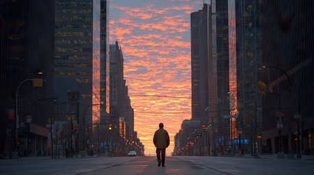 A lone figure walks down a city street, framed by tall buildings. The sky displays vibrant orange and pink hues during the sunset. The image features a low angle shot and a strong contrast between the dark foreground and the colorful background. This scene is suitable for various commercial uses.の素材