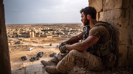 A soldier sits observing an urban scene with a pensive expression. The image displays a man wearing combat attire, set against a backdrop of a city under a dramatic sky. Colors are muted with a focus on natural light and texture, suggesting a scene of tension and uncertainty. Potential uses are editorial or for visual storytelling.の素材