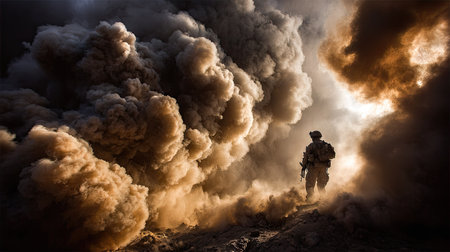 A silhouette of a soldier stands in a smoky, chaotic environment, possibly after an explosion. The image features swirling clouds of dark smoke with a dramatic lighting scheme. It conveys a sense of conflict and tension, suitable for illustrative or editorial purposes.の素材