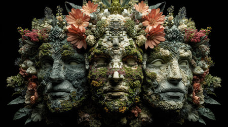 The image showcases three stylized faces composed of botanical elements. Predominantly green, the faces are embellished with flowers in shades of red and orange, set against a dark background. The composition features a symmetrical arrangement, suggesting a surreal or fantastical setting, suitable for various artistic and commercial purposes.の素材