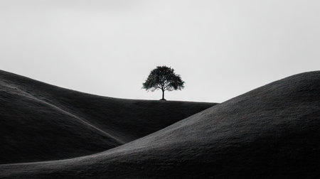 A single tree stands prominently atop undulating hills in a monochromatic landscape. The image features a grayscale palette with varying tones creating a dramatic contrast. The composition is simple, with a balanced arrangement and soft lighting. Suitable for artistic prints, commercial projects, and conceptual visuals.の素材