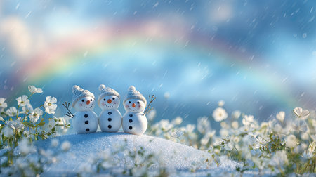 Three snowmen with smiling faces are positioned on a small mound, their arms raised, set against a backdrop of a colorful rainbow and soft, blurred blossoms. The image uses a dreamy, illustrative style with soft lighting. Potential uses for this image include greeting cards, children's books, or other seasonal projects.の素材