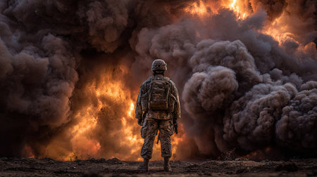 A soldier stands facing a large explosion, viewed from behind. The scene depicts a war setting with dark smoke and bright flames. The image is rendered in a realistic style, utilizing lighting to highlight the textures and composition. Suitable for use in editorial content or commercial projects focused on conflict or military themes.の素材