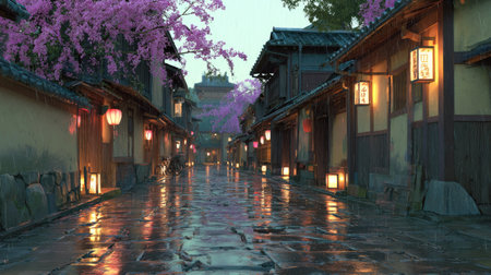 A tranquil street scene showcases traditional Japanese architecture. Buildings with dark roofs and light-colored walls line a cobblestone pathway. Cherry blossoms in full bloom add vibrant pink hues. Soft lighting from lanterns casts a warm glow, suggesting a serene atmosphere, potentially suitable for travel or cultural themes.の素材