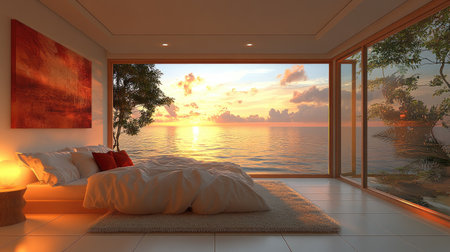 A spacious bedroom features a comfortable bed and large windows providing a panoramic view of a beautiful sunset over the ocean. The image showcases soft colors, natural light, and a modern design. Suitable for illustrating peaceful living, travel, and lifestyle concepts, it can be used in various commercial projects.の素材