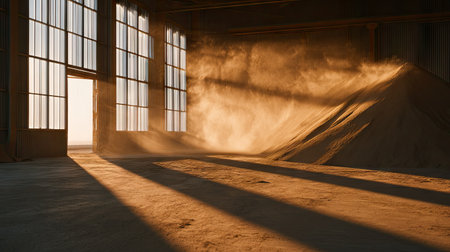 An interior shot captures sunlight streaming through large windows in a warehouse. The light illuminates dust particles creating a hazy effect. Shadows are cast across the floor creating a contrast between light and dark. The image presents visual elements ideal for use in commercial and editorial projects.の素材