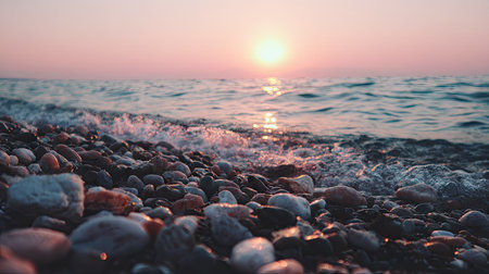 An image captures the gentle waves washing over a rocky shoreline as the sun sets. Soft hues of pink and orange paint the sky, reflecting on the water. The composition highlights the textured rocks and the smooth water creating a peaceful atmosphere suitable for various visual projects.の素材