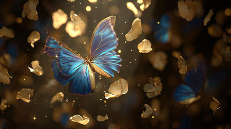 A striking blue butterfly is the main subject, set against a blurred background of golden petals. The image utilizes soft lighting, creating a dreamy and ethereal quality. The composition appears digitally enhanced. This image could be used for various commercial or editorial projects.の素材