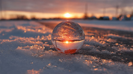 A clear glass sphere sits atop snow reflecting the warm hues of a sunset. The image displays a shallow depth of field, with the sun's light creating a striking visual composition. This scene could be used for conceptual projects, presentations, or various creative endeavors where visual storytelling is employed.の素材