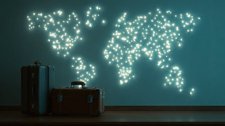 Two suitcases sit before an illuminated world map projection. The image displays a dark background with bright, glowing points shaping the continents. The overall composition suggests travel, exploration, or global networking. This image might be suitable for promotional materials related to tourism, business, or international relations.の素材