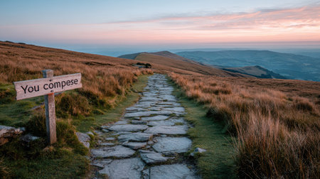 A stone pathway winds through grassy hills towards a distant horizon. The image showcases soft colors, with a gradient sky and diffused light. Its composition offers copy space and a sense of journey. Suitable for use in various projects including motivational, travel, or lifestyle themes.の素材