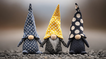 Three ornamental gnomes are captured in a medium shot, showcasing their whimsical design. They are dressed in different colors of fabric with polka dots and textured patterns. The background is blurred, and the image is lit to create a warm atmosphere, suitable for various decorative or commercial applications.の素材