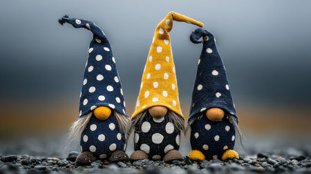 Three gnomes are posed in a row, featuring tall, conical hats adorned with polka dots and whimsical beards. The gnomes' hats are in various colors. The image uses a shallow depth of field against a blurry background, with available sunlight, which is suitable for creative projects or visual storytelling.の素材