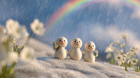 This image features three snowmen figures placed on a snowy ground under a light blue sky and a vibrant rainbow. The scene incorporates soft lighting and gentle shading, highlighting the texture of the snow and the figures. It could be used for various projects, including children's illustrations and seasonal themes.の素材