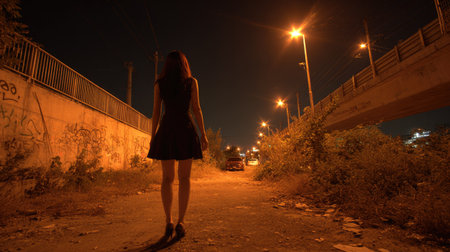 A woman stands in the middle of a pathway, lit by street lights in a nighttime setting. The image presents a silhouette with long hair and a black dress. The scene is characterized by a dark ambiance. Suitable for use in a variety of visual projects.の素材