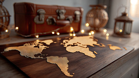 A wooden world map sits on a table, accompanied by a leather suitcase and decorative items. The composition is warm-toned, featuring soft lighting and a blurred background. This scene, with its travel theme, could be suitable for various commercial or editorial applications such as articles on journeys or business.の素材