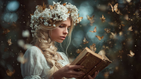 A woman reads a book while butterflies flutter around her in a soft, dreamlike setting. The composition showcases warm tones and soft lighting, highlighting the subject's expression. This image would be suitable for artistic projects, book covers, or editorial content related to fantasy, magic, or literature.の素材