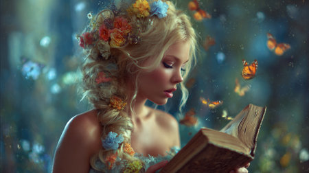 A woman with blonde hair adorned with flowers reads a book amidst fluttering butterflies. Soft lighting illuminates the scene, enhancing the magical atmosphere. The image showcases a dreamy composition with vibrant colors and textures, suggesting potential use in fantasy illustrations or fairytale concepts.の素材