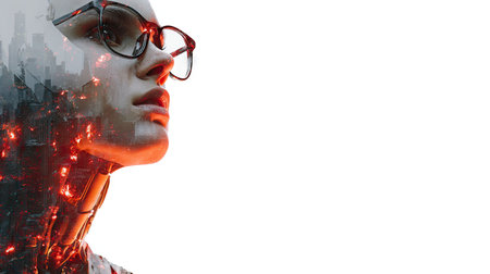 A woman wearing glasses is depicted with a digital overlay on a white background. The artwork incorporates red and orange tones, with a focus on her face and upward gaze. It suggests a concept of technology, innovation, and futuristic themes suitable for various commercial or editorial uses.の素材
