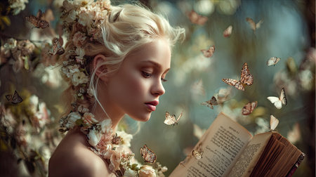 A fair-skinned woman with flowing blonde hair is seen in profile, absorbed in a book. Delicate butterflies flutter around her, amidst a backdrop of soft flowers. The image exhibits a painterly style with diffused lighting. It evokes a whimsical, romantic atmosphere, suitable for various artistic and editorial applications.の素材