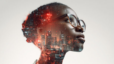 A portrait shows a woman wearing eyeglasses. A city overlay is integrated into the woman's profile. The image displays a combination of bright and dark elements, suggesting a contrast in perspective. This photograph may be suitable for visual concepts, educational materials, or commercial projects.の素材