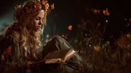 A woman is engrossed in a book, illuminated by soft lighting. She is surrounded by a floral crown and butterflies, creating a fairytale-like scene. The image displays warm tones and a shallow depth of field, evoking a sense of calm. Suitable for editorial illustrations and creative projects.の素材