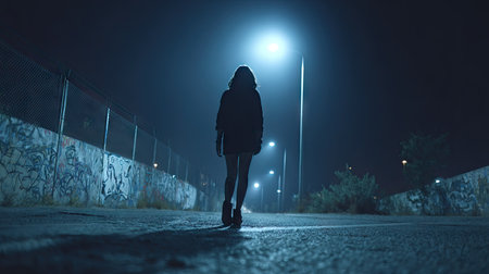 A woman walks away from the camera, silhouetted against a bright street light in a nighttime scene. The image showcases a dark, moody environment with cool colors, creating a sense of solitude and mystery. This photograph could be utilized for various commercial and editorial projects.の素材
