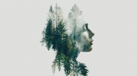 This image showcases a woman's profile intertwined with a forest scene, blending nature and human form. The composition displays a double exposure effect, using green, white, and gray tones. The image suggests a connection with the natural world and has potential use in various artistic, conceptual, or design applications.の素材