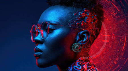 This image presents a woman wearing glasses, highlighted by dramatic blue and red lighting. The digital illustration features a profile view with elements suggesting technology. This artwork could be used in design projects, advertising, or visual storytelling. The composition employs strong contrasts and stylized textures to create visual interest.の素材