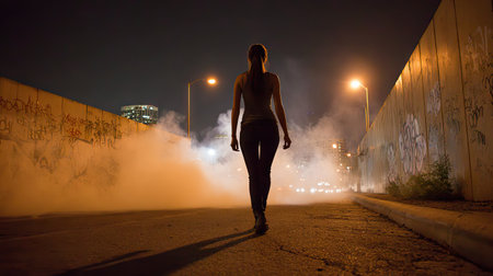 A woman is walking down an alley at night. The image shows a dark environment illuminated by streetlights and the silhouette of the woman. Smoke or fog adds atmosphere. Suitable for use in conceptual designs, editorial content, and various projects focused on urban themes.の素材