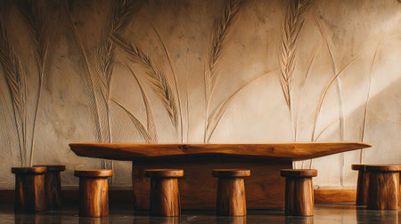 An indoor scene features a large wooden table with several small stools arranged in front. The background presents a textured wall with subtle plant-like patterns, enhanced by warm, natural lighting. This composition could be used in design projects, advertising campaigns, or as a visual element.の素材