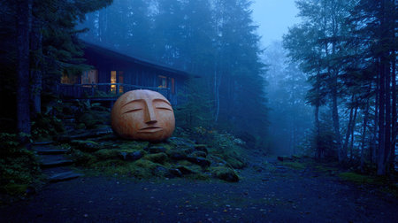 An outdoor scene features a large, wooden sculpture of a serene face amidst a foggy forest. The composition is marked by soft lighting and a cool color palette. The sculpture is situated near a house, suggesting a blend of art and nature. Suitable for various editorial and commercial applications.の素材