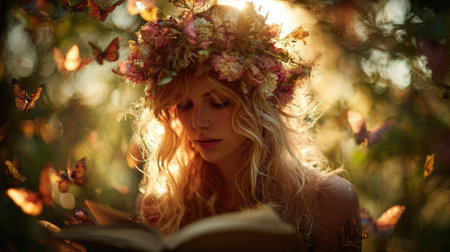 A woman with a flower crown reads outdoors surrounded by butterflies. The image showcases soft textures, warm colors, and sunlight. The composition is artistic with shallow depth of field. This image is suitable for various projects requiring a mystical, romantic, or nature-inspired theme.の素材