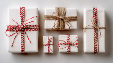 An assortment of gift boxes are presented on a white surface. The boxes are primarily white, accented with red and brown twine. The composition features an overhead view with simple lighting, suitable for various editorial and commercial applications. The presentation is neat and organized, with a focus on gift-giving and celebration.の素材