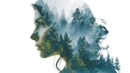 This image showcases a woman's profile merged seamlessly with a lush forest. The artwork blends nature and human elements using soft colors and a unique composition. The visual style features both photographic and artistic qualities suitable for a variety of creative and marketing projects.の素材