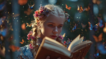 A woman reads a book while surrounded by butterflies. The scene features soft lighting and a dreamy atmosphere. The composition emphasizes the woman's face and the open book. This image could be suitable for editorial content or various commercial applications relating to fantasy or reading.の素材