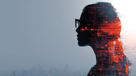 A woman's profile silhouette is overlaid with a vibrant red network data pattern. The image features a monochromatic backdrop with the subject in focus. The style is conceptual and the lighting suggests an indoor setting. Suitable for various editorial and commercial applications. The design suggests complex connection and modern concepts.の素材