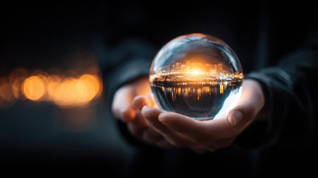 A hand cradles a clear crystal ball, reflecting a vibrant cityscape bathed in warm light. The image features a shallow depth of field, with soft bokeh lights in the background. This composition could be used for various commercial projects related to prediction, future, or concept art, and visualization.の素材