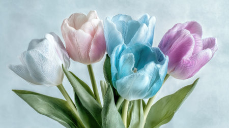 This image showcases a collection of tulips in various pastel shades against a blurred backdrop. The composition features a close-up view highlighting the delicate petals and vibrant green leaves. The lighting appears soft, enhancing the visual appeal of the flowers, suitable for decorative or editorial projects.の素材