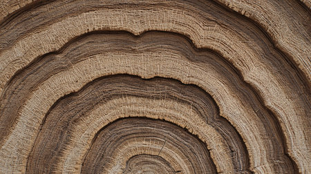 This image presents a close-up view of a tree cross-section, revealing concentric growth rings. The surface exhibits a natural, textured appearance with various shades of brown. The composition suggests an outdoor setting, possibly with natural lighting. This image could be suitable for use in design, educational material or commercial projects.の素材