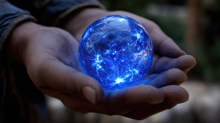 Two hands cradle a luminous blue sphere, showcasing a celestial network of light. The image displays a close-up perspective, emphasizing the texture and intricate details of the glowing object. The lighting creates a dramatic contrast with the darker backdrop, suggesting an indoor environment. This image is suitable for various commercial applications.の素材