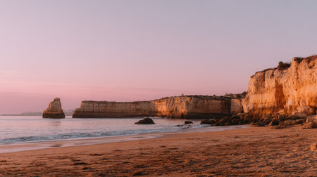 The image captures a coastal landscape featuring majestic cliffs along a sandy beach. Warm sunlight bathes the scene, highlighting the textures of the rock formations and the ocean. The composition suggests a sense of tranquility. It is suitable for various commercial uses, including travel and nature-related projects.の素材