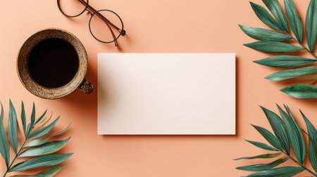 An overhead composition presents a coffee-filled cup, eyeglasses, and a blank rectangular card. Lush green leaves frame the elements against a muted orange background. The image, with its inviting aesthetic, lends itself well for use in lifestyle or advertising campaigns. Its clean design is suitable for various editorial needs.の素材