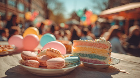 A close-up captures a slice of rainbow cake and a pile of macarons on a plate. Pastel colored balloons add to the celebratory atmosphere. The scene is illuminated by daylight, suggesting an outdoor gathering. Suitable for various projects including celebratory designs and promotional materials.の素材