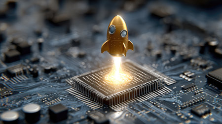 A golden rocket launches upwards from a detailed integrated circuit board. The image features high levels of detail, with close-up textures and lighting that emphasizes the central subject. This visual concept conveys growth, innovation, and technological advancements, suitable for a variety of commercial applications.の素材