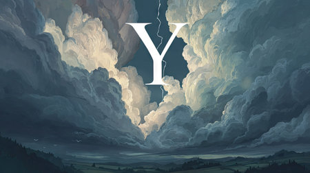 An image showcases a letter "Y" superimposed onto a dynamic scene of storm clouds and a lightning bolt. The composition features a naturalistic style with shades of blue, gray, and white, creating a sense of depth and atmospheric contrast. Suitable for editorial illustrations or creative designs.の素材