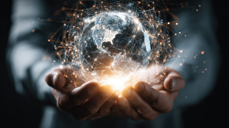 A person's hands cradle an illuminated globe, symbolizing global networks and interconnectedness. The image showcases bright light emanating from the globe against a dark background, highlighting the concept of technology. This image could be used for various commercial and editorial applications to represent global concepts.の素材